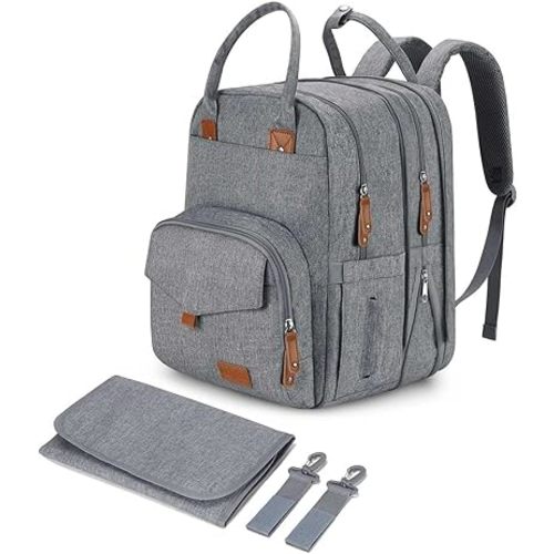 Extra Large Diaper Bag Backpack for Two Kids Twins - Expandable Baby Bag (26-36L), Dual Big Compartments - Includes Changing Pad & Stroller Straps, Unisex Grey