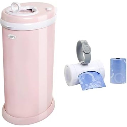 Ubbi Steel Diaper Pail Bundle with Retractable On The Go Travel Bag Dispenser, Award-Winning Registry Must-Have, Blush Pink and White