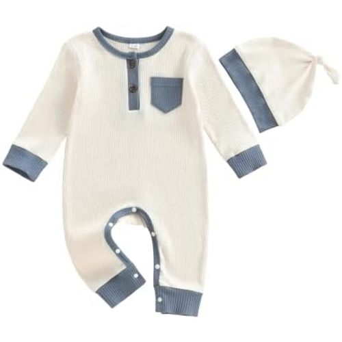 fhutpw Newborn Baby Boy Clothes Ribbed Knit Bodysuit 3 6 Months Infant Fall Long Sleeve Splicing Color Romper Jumpsuit & Hat