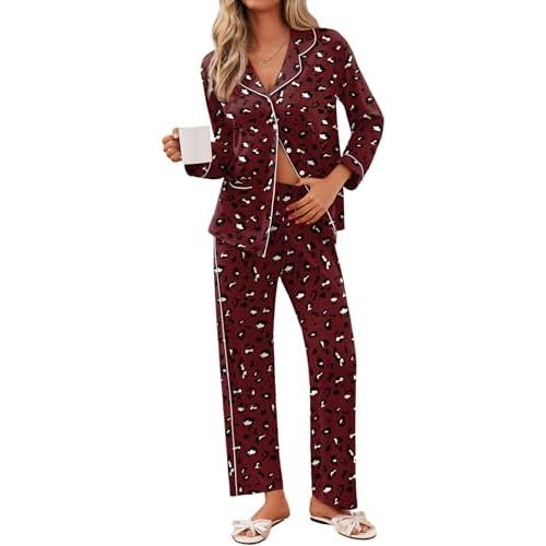 Ekouaer Pajamas for Women Set Button Down Pj Long Sleeve Shirt and Pants Lounge Sets Fall Sleepwear with Pockets