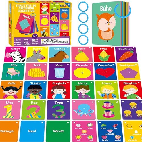 51 PCS Spanish Baby Cognitive Flashcards, Double Sided Printed 7 in 1 Colorful Cards Alphabet, Numbers, Foods, Animals, Shapes, Colors with 2 Reclosable Rings, Learning Tool for Toddlers