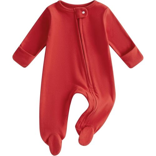 One opening Newborn Baby Boy Girl Zipper Footies Pajamas Pjs Ribbed Solid Long Sleeve Romper Jumpsuits Footed Sleep and Play
