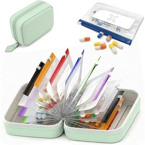 Travel Pill Organizer Binder with 14 Color-Coded Zipper Pouches(1Green)