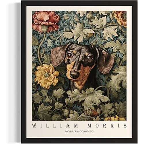 Dachshund William Morris Wall Art Print Poster, Dog Floral Vintage Paitnings for Bedroom Bathroom Living Room Decor 197 (Dachshund, 16 x 20 inches, Black Frame)