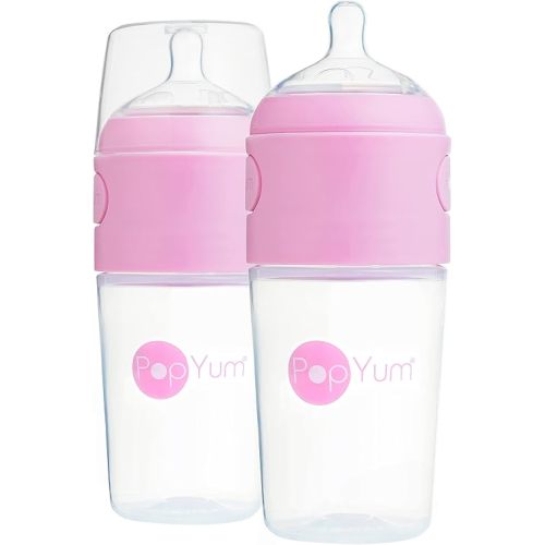 PopYum 9 oz Pink Anti-Colic Formula Making/Mixing/Dispenser Baby Bottles, 2-Pack with #2 Medium Flow Nipples, 260 ml, BPA-Free, Natural Latch