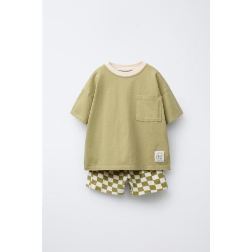 CHECKERBOARD T-SHIRT AND BERMUDA JOGGING SET - Ecru / Khaki | ZARA United States