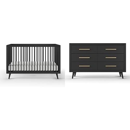 Child Craft Cranbrook Design 4-in-1 Convertible Baby Crib Nursery Furniture Set, Baby Bed and 6 Drawers Double Dresser, for Babies, Toddlers and Kids Bedroom (2 Piece - Ebony)