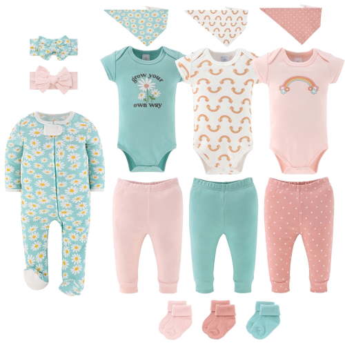 The Peanutshell Carefree Floral Baby Girl Clothes Set, Sleepers, Bodysuits, Bibs and Socks, 0-3 Months, 15-Pc
