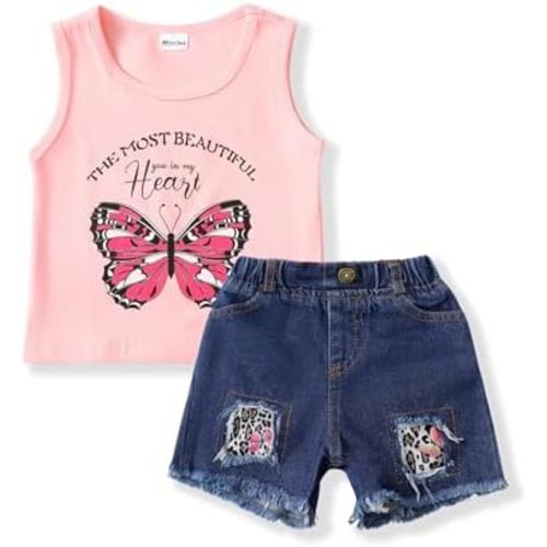 Mikrdoo Baby Girl Clothes Toddler Girl Summer Outfits Shirts Tops Ripped Denim Shorts Set Little Girl Clothes