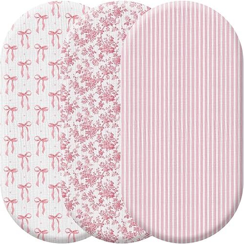 Peryiter Baby Muslin Bassinet Sheets 3 Pack, Featuring Pink Stripes, Flowers, and Bows, Standard Size 33x17, Breathable, Elastic, Cozy Fitted 100% Cotton Baby Cradle Mattress Sheet for Boys Girls