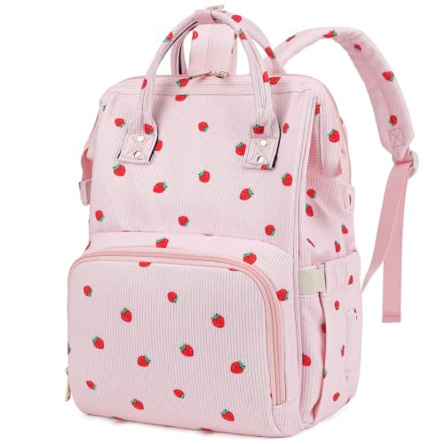 Baby Diaper Bag Backpack for Mom, Large Capacity Travel Nappy Bag for Boys & Girls with Stroller Straps (Corduroy Strawberry)
