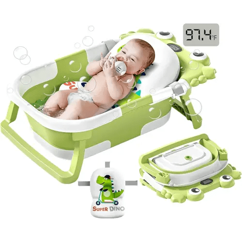 Collapsible Baby Bathtub for Newborns to Toddler with Real-time Temp Monitor & Floating Cushion,Portable Travel Tub for 0-36 Month, Foldable Baby Bath Tub for Infants(Green)