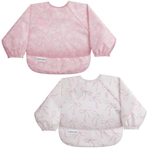 Tiny Twinkle Long Sleeve Bib for Babies & Toddlers | 2-Pack Waterproof Smock Bib for Eating | Machine Washable & Mess-Proof Feeding Essentials | Newborn Shower Gift (Toile,Bows, 6-24M)