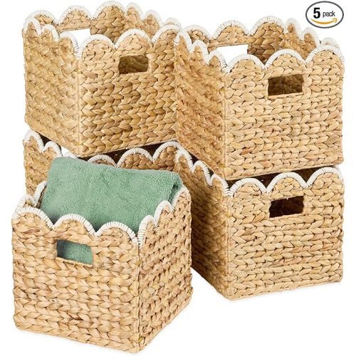 Best Choice Products 10.5x10.5in Scalloped Hyacinth Baskets, Set Of 5 Multipurpose Collapsible Storage Organizer, Handwoven Laundry Totes for Bedroom, Living Room, Shelves – Natural w/White Trim