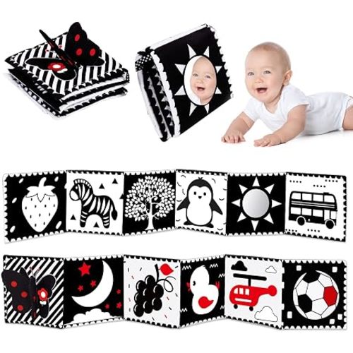 Black and White High Contrast Toys for Baby 0-3 3-6 months Infant Tummy Time Soft Crinkle Book Mirror Sensory Toys 0 2 4 5 6 Month Old Babies Boy Gril Newborn Development Christmas Stocking Stuffer