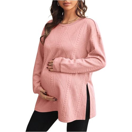 MakeMeChic Women's Maternity Sweatshirt Split Fall Maternity Clothes Tops | Tie Side, Crew Neck, Long Sleeve, Tunic, Pregnancy Clothes, Fall Outfits