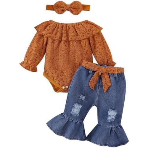 Baby Girl Clothes Lace Off Shoulder Romper Flare Jeans Pants Headband and Belt 4pcs Outfit 3-24 Months