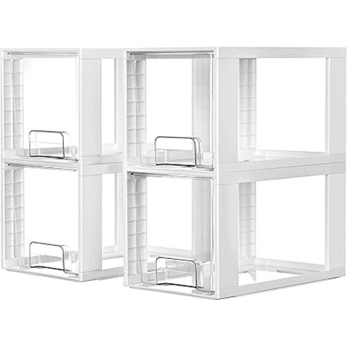 Vtopmart 4 Pack Large Stackable Storage Drawers,White,Easily Assemble Acrylic Bathroom Closet Undersink Organizers and Storage,Plastic Bins for Kitchen Cabinets,Pantry,Makeup,Medicine Organization