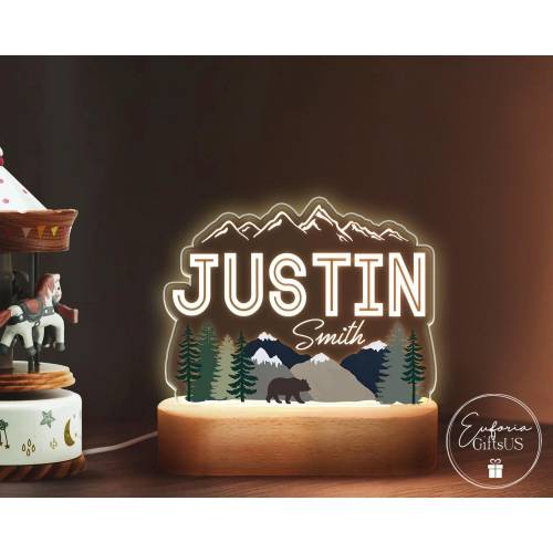 Personalized Baby Boy Night Light, Mountains Night Lamp, Nursery Decor Lamp, Kids Baby Bedroom LED Lamp, Woodland Lamp Decor, Birthday Gifts