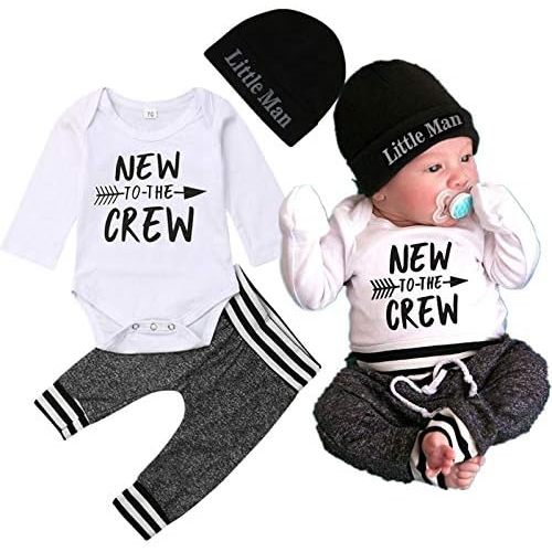 i-Auto Time Newborn Baby Boy Clothes Set New to The Crew Romper+Pants+Hat Baby Boys Outfit Set