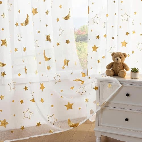 WUBODTI White Star Sheer Curtains 84 Inches Long for Kids Room Nursery, Cute Gold and White Star Moon Patterned Boby Curtain Rod Pocket Light Filtering Sheer Faux Linen Playroom Drapes 2 Panels