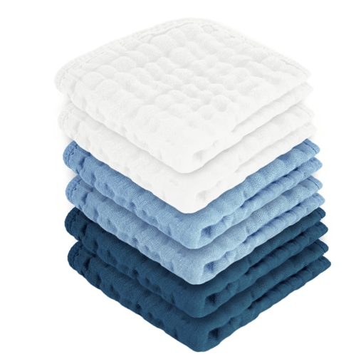 MIGIOL Baby Washcloths 100% Cotton Size is 12x12 inches. Lightweight, Portable, and Ideal for use at Home or on The go. (White & Blue 6 Pieces)
