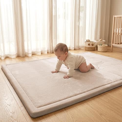 ACOMOPACK Baby Play Mat for Floor 1.3" Thick Memory Foam Play Mat 59"×71" Tummy Time Crawling with Non-Slip Bottom for Living Room,Nursery,Soft Velvet Playpen Mats for Kids,Infants(Beige)