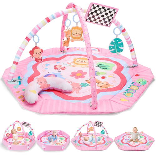 JoyStone Infant Play Gym with 6 Detachable Toys, Washable Activity Mat, Pink, 31" x 27", Ages 0-18M