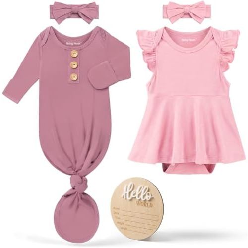 2 Pack Newborn Baby Girl Romper & Knotted Gown Set with Headbands, Announcement Sign, Soft Infant Outfit for Hospital