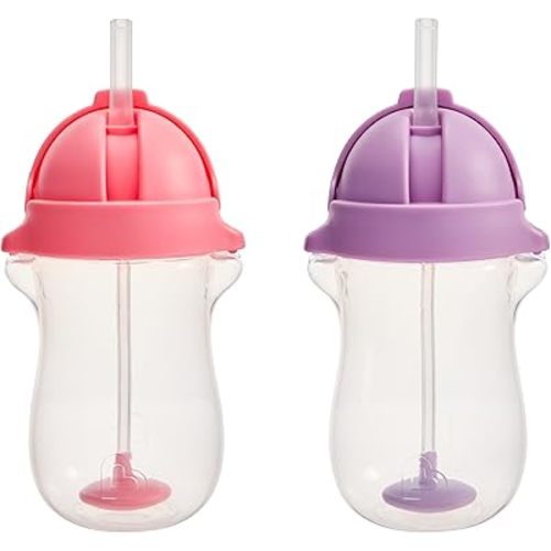 Munchkin Any Angle Weighted Toddler Straw Cups with Click Lock Lid, 10 Ounce, 2 Pack, Pink/Purple