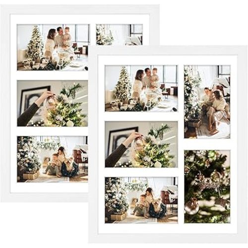 Golden State Art, 11x14 White Wooden Frame with White Mat - Displays Five 4x6 Photos - Tempered Glass - Wall Mounting, Portrait, Set of 2