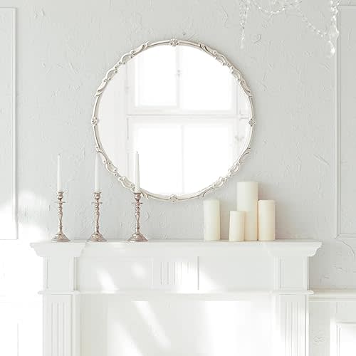 Kate and Laurel Brynley Decorative Traditional Metal Round Mirror; 24 Inch Diameter; Antique White; Coastal Vintage Ornate Circle Mirror with Iron Detail and Modern Rounded Frame Shape