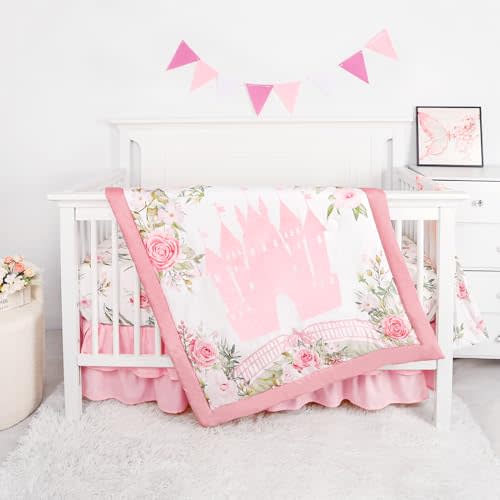TANOFAR 4-Piece Crib Bedding Set for Baby Girls, Floral Castle Nursery Bedding Set Includes Comforter, Fitted Crib Sheet, Crib Skirt, and Diaper Stacker, Pink
