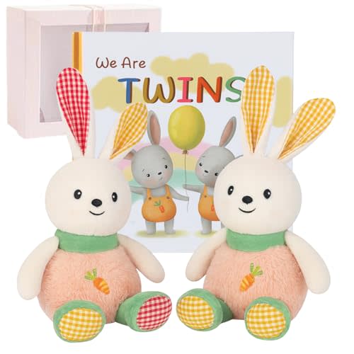Tkusteigs Twins Baby Items Set for Girl and Boy - Plush Rabbit 2-Piece Set and Twin Baby Storybook