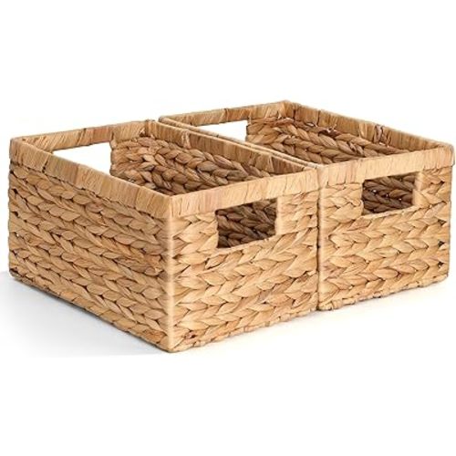 Set of 2 Wicker Shelf Storage Baskets for Organizing - Natural Durable Water Hyacinth Woven Basket Pantry Bin Organizers for Shelves with Handles for Home & Decor Organization, 12.5” x 8” x 6.5”