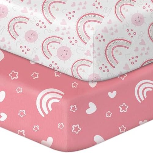 Baby Crib Sheets 2 Pack for Boys and Girls, Soft Microfiber Breathable Baby Sheet, Fits Standard Crib Toddler Mattress 28x52x8in (Rainbow & Heart)