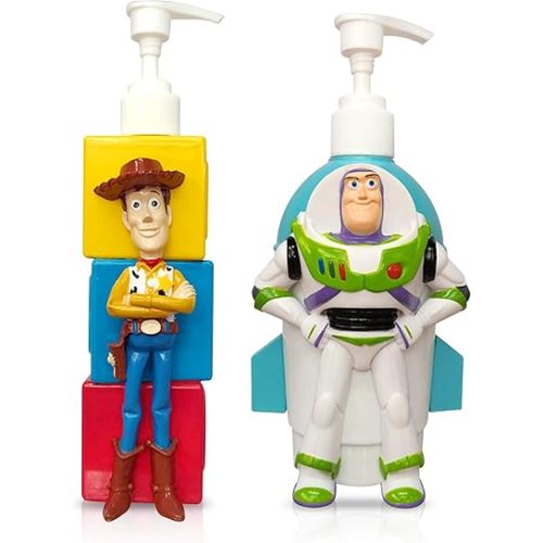 Finex Random Toy Theme Set - Woody Buzz Lightyear Little Green Alien Men Plastic Empty Refillable Pump Bottle Dispensers for Hand Sanitizer Liquid Soap Shower Gel Shampoo Conditioner Lotion Bottles