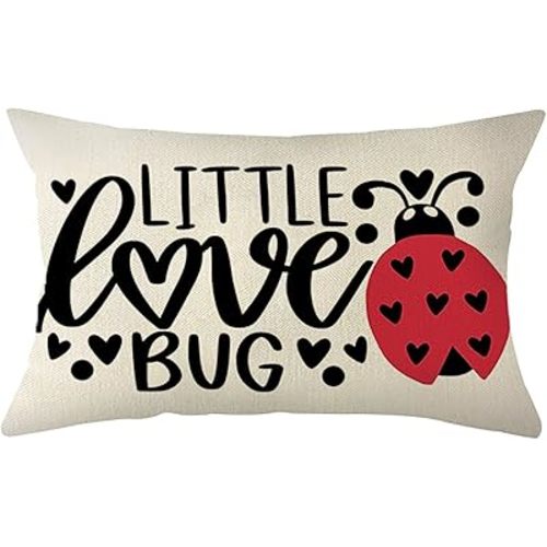 Ogiselestyle Valentine Little Love Bug Ladybug Throw Pillow Cover, 12 x 20 Inch Valentine's Day Love Cushion Case Decoration for Sofa Couch