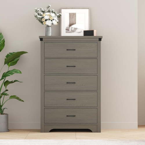 Farmhouse 5 Drawer Dresser for Bedroom, 47" Tall Chest of Drawers, Wood White Dresser with Deep Drawers, Storage Dressers Organizer for Bedroom, Living Room, Hallay, Grey