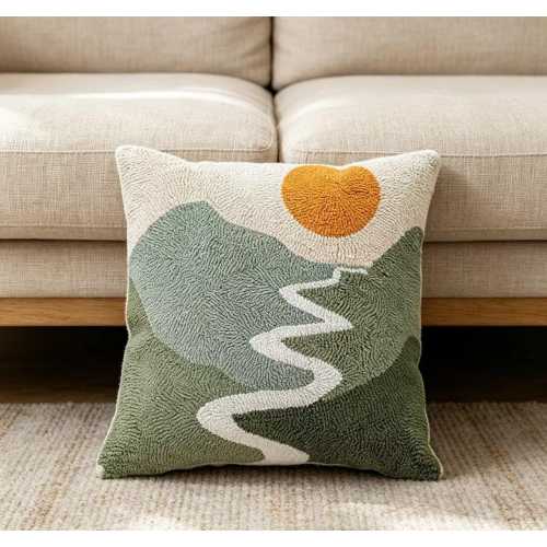 Tufted Mountain Landscape Pillow Cover, Nature Inspired Cushion Cover, Sun and Hills Throw Pillow,  Scenic Embroidered Pillow Case 18x18