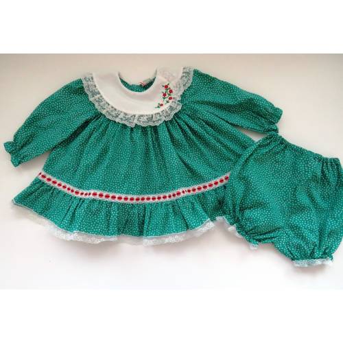 2 Piece Baby Girls Dress and Bloomers by Baby Togs - Size 12 Mo - Long Sleeve Green with White Polka Dots - Embroidered Red Roses Lace Trim