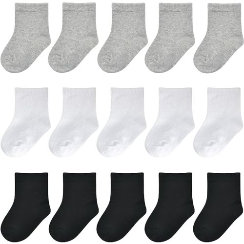 Baby Socks Girls Newborn Socks Crew Baby Boys Infant Dress Socks Baptism Christening 15 Pack(5Black+5White+5Grey, 6-12 Months)