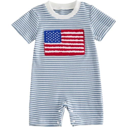 Newborn Baby Boy 4th of July Clothes Flag Embroidery Jumpsuit Waffle Short Sleeve Romper Onesie 3 6 12 18 Months