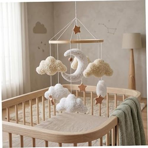 Baby Crib Mobile, Hanging Nordic Style Nursery Mobiles with Moon, Clouds & Wooden Stars Baby Mobile for Crib - Beige, Nursery Mobiles