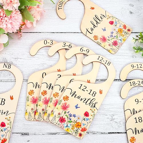 AnyDesign 8 Pcs Wildflower Wood Baby Closet Dividers Newborn to 24 Months Baby Wardrobe Organizer Spring Vintage Floral Hanging Closet Organizer for Home Nursery Birthday Decor