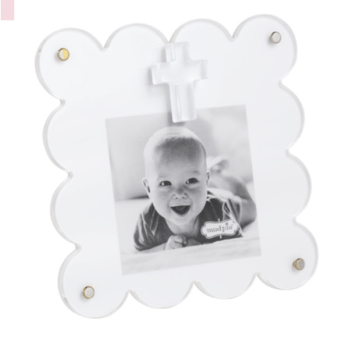 White Acrylic Cross Frame Scalloped 3x3 Photo Display | Mud Pie