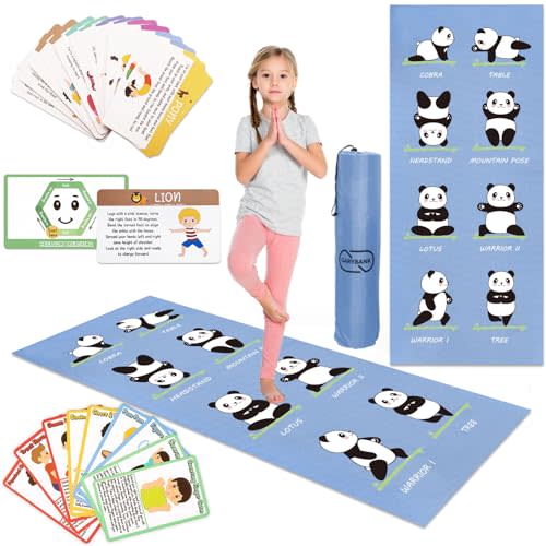 Garybank Kids Yoga Mat Set -Non-slip Exercise Mats with Fun Prints -12 Yoga Cards for Kids - Carrier Bag - Odor Free Non-Toxic, Cute Yoga Mat for Kids Girls Boys (60 X 24 X 0.2 Inch)