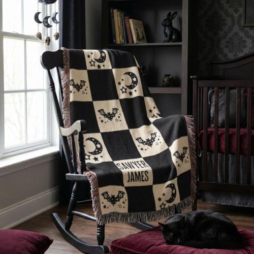 Personalized Black Bat Woven Baby Blanket, Cotton Custom Name Gothic Baby Throw, Witchy Baby Nursery Decor, Alt Mom Whimsigoth Baby Gift