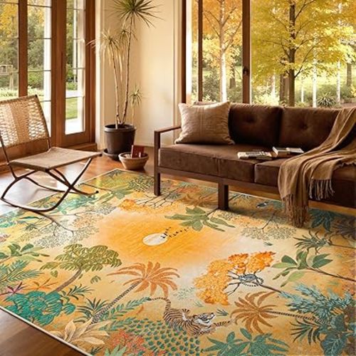 Lahome Fall Jungle 5x7 Autumn Rug for Living Room Bedroom Machine Washable Carpet, Soft Sunset Kids Rugs for Playroom, Forest Rug Non Slip Non Shedding Orange Indoor Carpet for Nursery Office