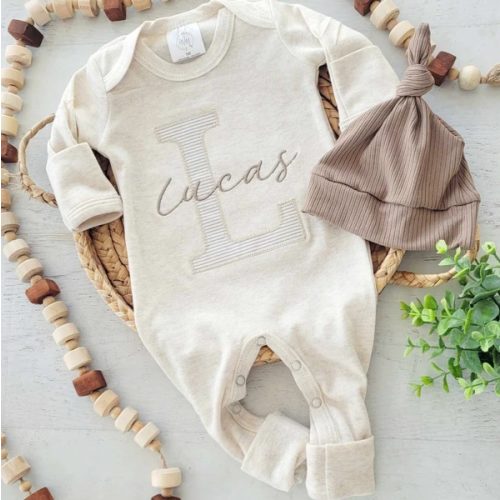 Personalized Neutral Baby Romper and Hat Set, Custom Infant Boy Coming Home Outfit, Baby Shower Gift, Beige With Footies, Taupe Tan - Etsy